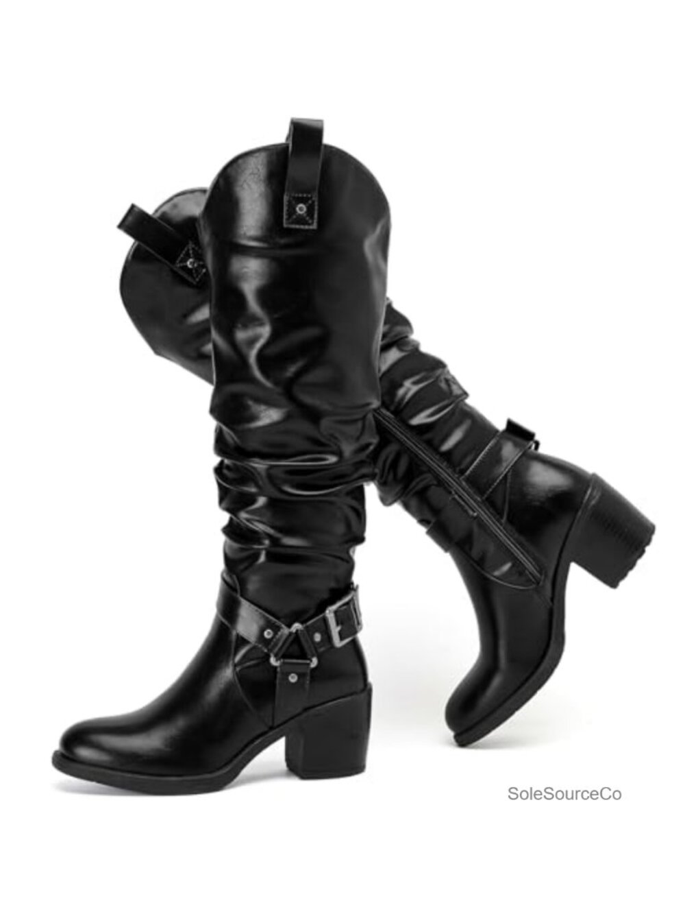 Women's Knee High Heeled Boots Faux Leather Pointed Toe Block Heel